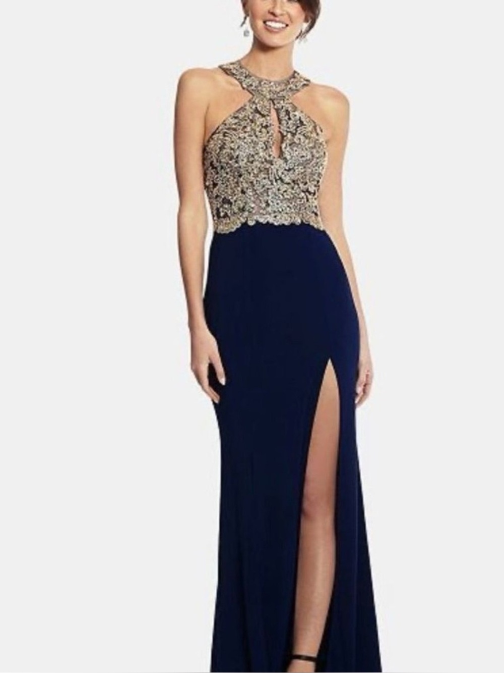 Xscape | Navy Prom Gown with Gold Beaded Bodice and High Leg Slit